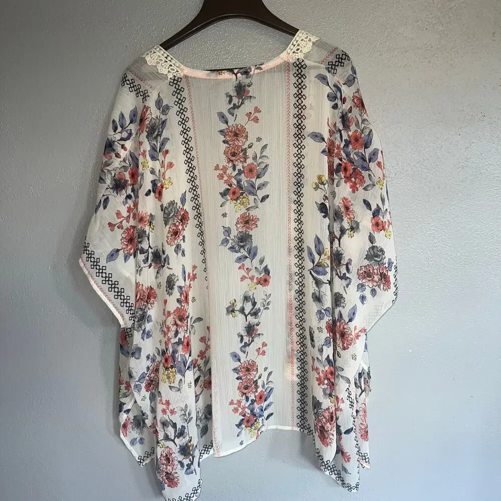 Maurices Crochet Trim Floral Kimono Ivory Coral Blue Sheer Lightweight Long S/M - Picture 3 of 9